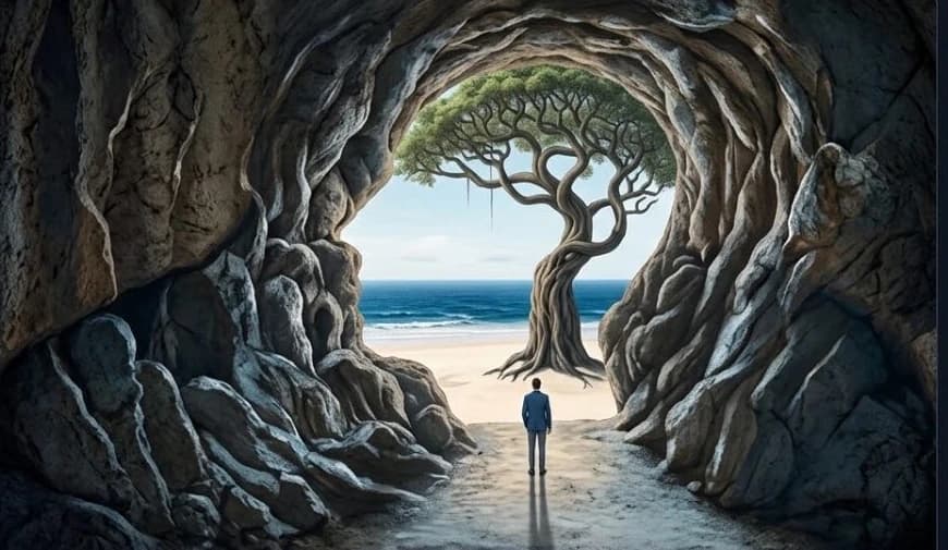 Человек у выхода из пещеры смотрит на дерево у моря